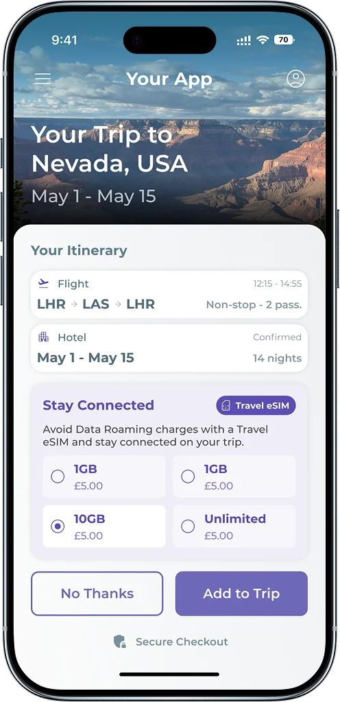 Travel app with eSIM add-on in context